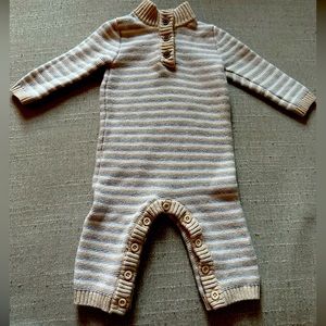 Janie & Jack Baby beige striped button up Romper onesie, 0-3 mos, Excellent